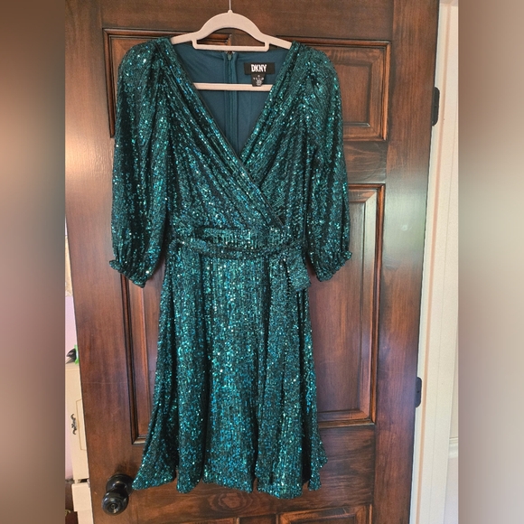 DKNY Teal Sequin Wrap Dress, M - Picture 1 of 5